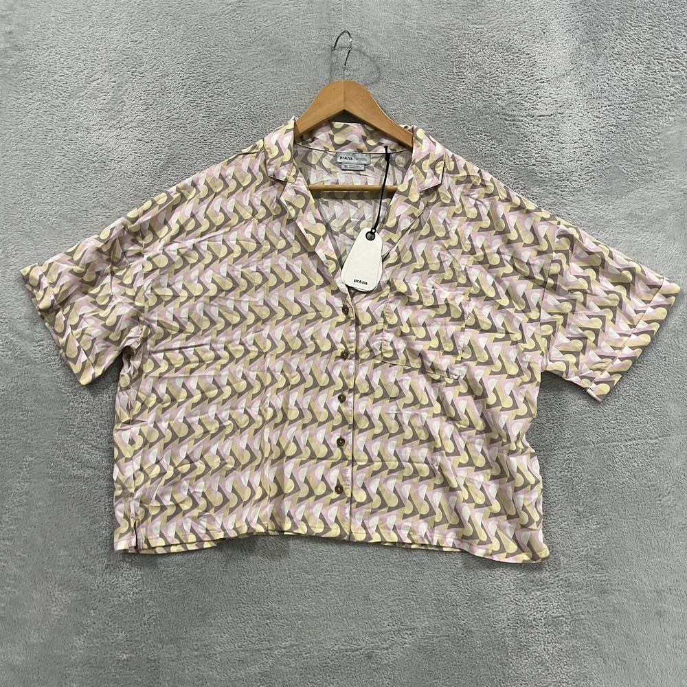 prAna Shirt Iguala Top Women XL Willow Retro Geometric Button Down Boho Hippie